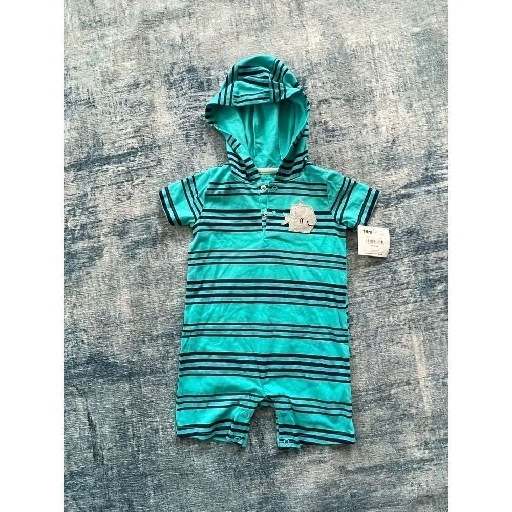 NWT! Carters Child of Mine Hooded Shark Teal Striped Short Sleeve Romper 18M